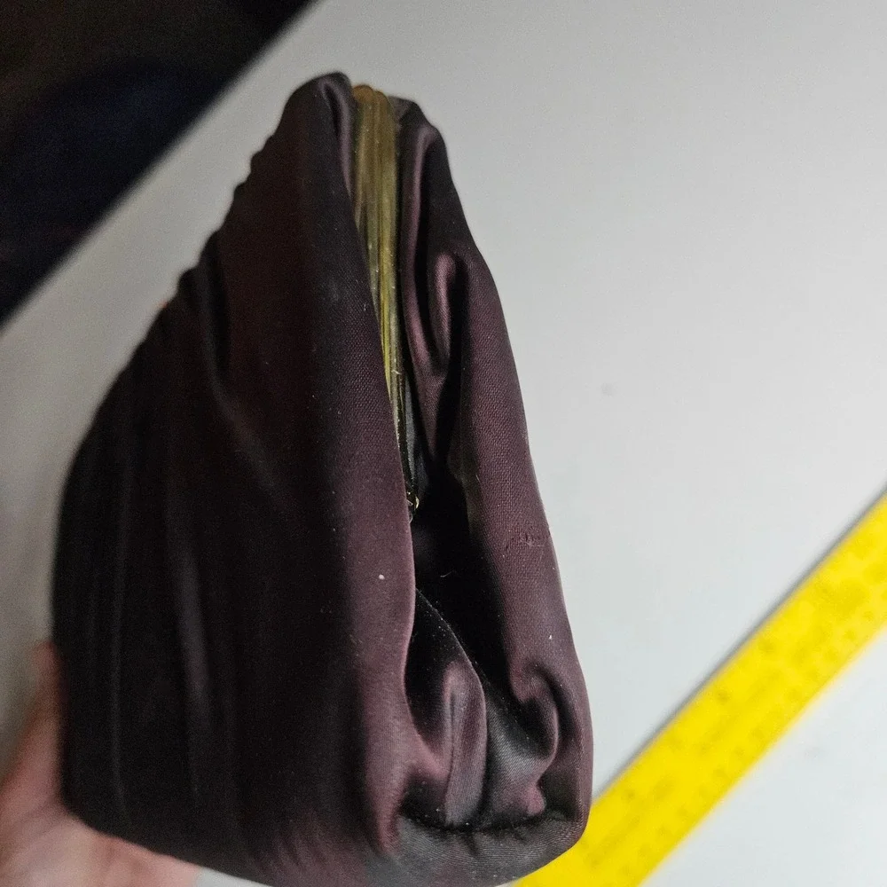 Vintage HL USA Black Satin Ruched Clutch Evening Bag Gold Chain Kiss Lock USA